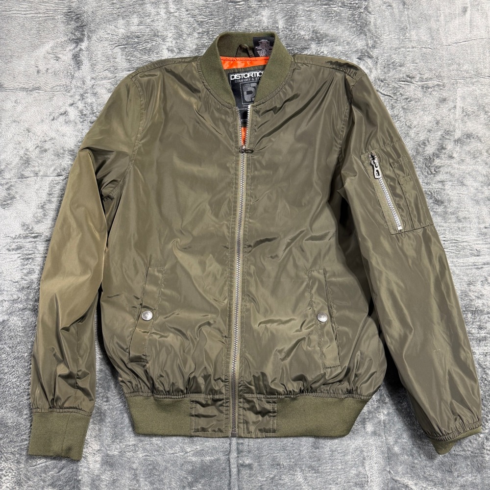 Distortion Bomber Jacket Mens Small Olive Green Full‎ Zip Utility Flight Jacket